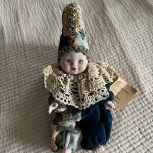 La Venexiana Venetian Jester Clown Doll Italy Porcelain Face Velvet Handmade